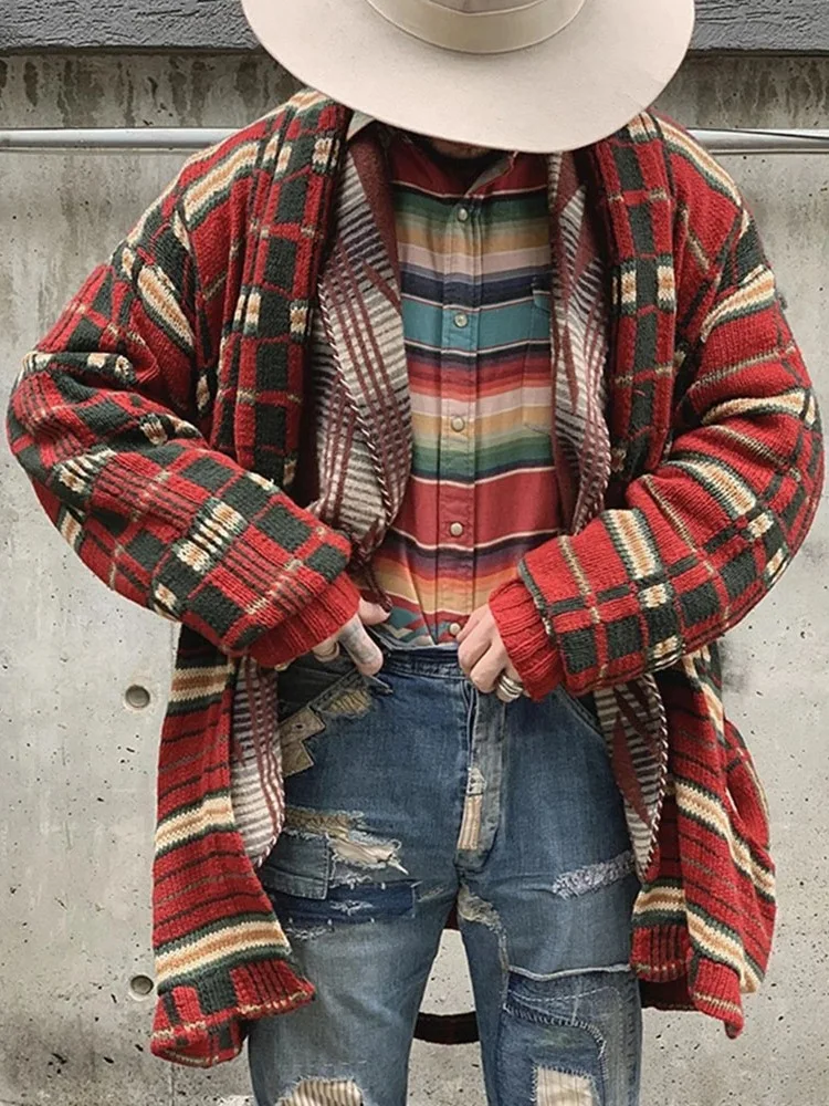 

Men's Clothing Cardigan Men Long Sleeve Sweater Coat Plaid Print Winter and Autumn Casual Cardigans New Limited Genuine New