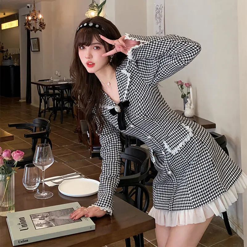 Зимнее милое ретро платье женское кружевное лоскутное клетчатое элегантное