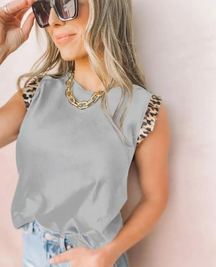 

Women Summer Solid Color Plus Size Sleeveless Tank Vest Female Trendy Causal Ruffle Hem Crew Neck Leopard Patchwork Tunic Top