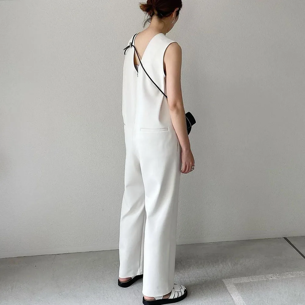 

Jumpsuit Women Japanese Style New Solid Color Spring Summer Wear Sleeveless White Color Female 2021 Loose Slim Round Neck Design