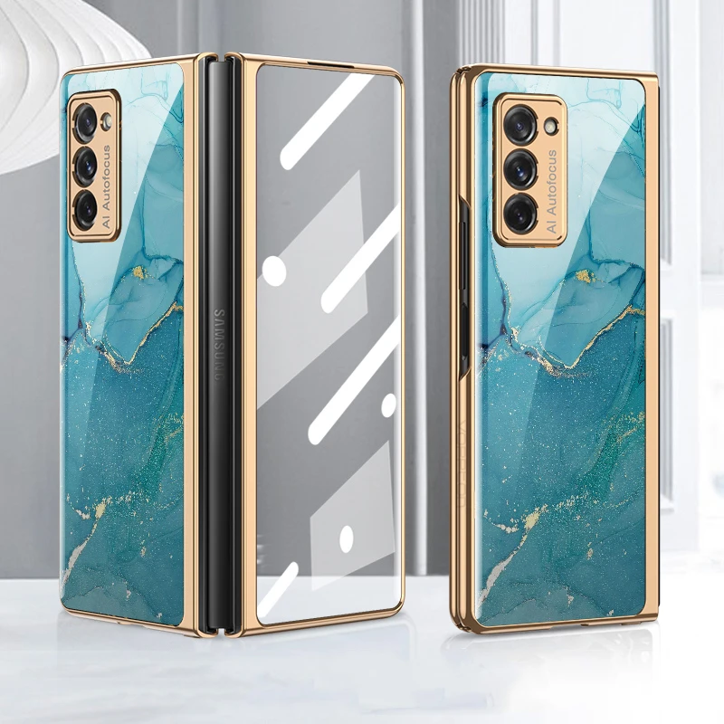 

For Samsung Galaxy Z Fold 2 Case Luxury Electroplate Tempered Glass and Front Glass 360 Full Protection Cover