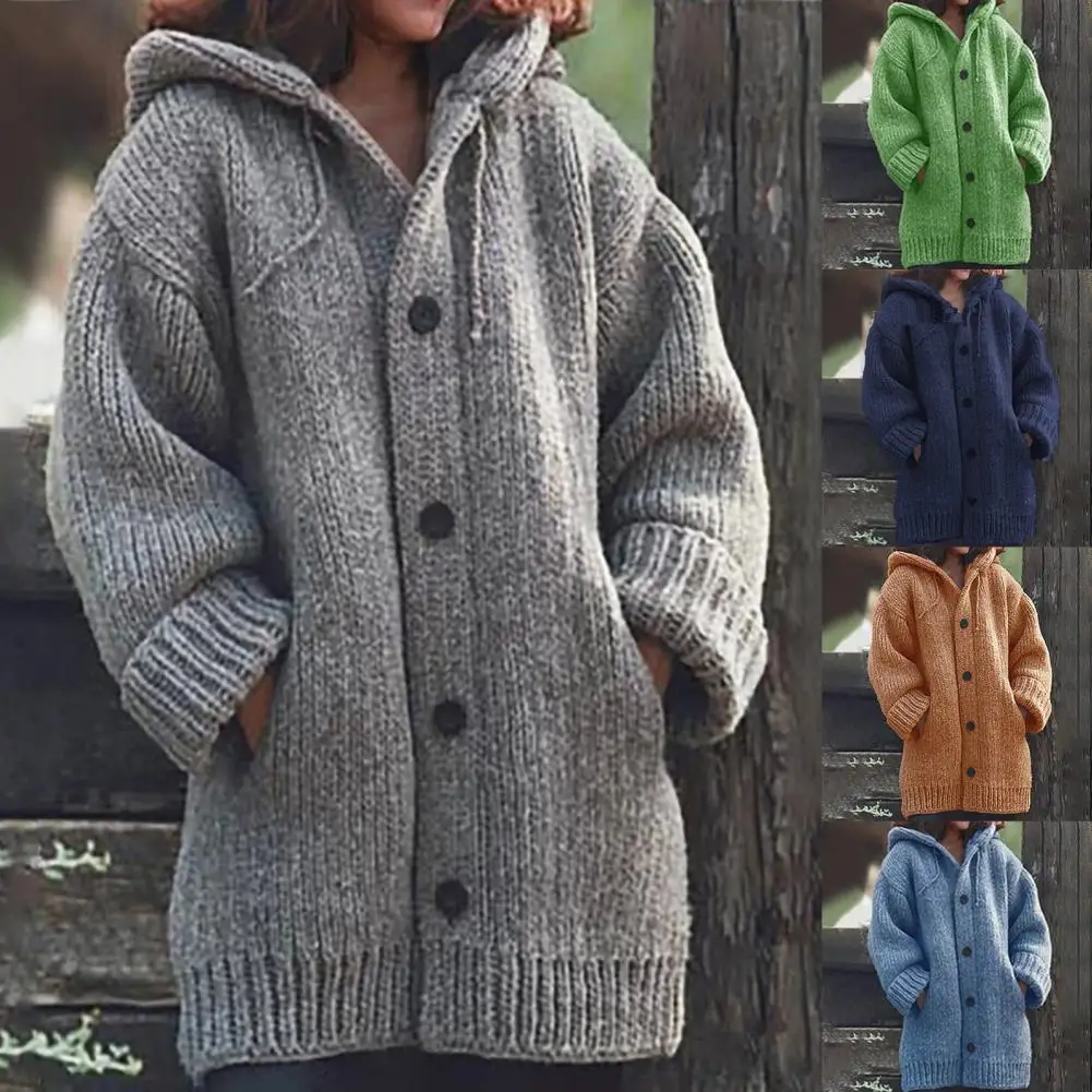 

Women Solid Color Pocket Button Hooded Knitted Cardigan Sweater Outwear Coat Hooded design, with pocket, button closure