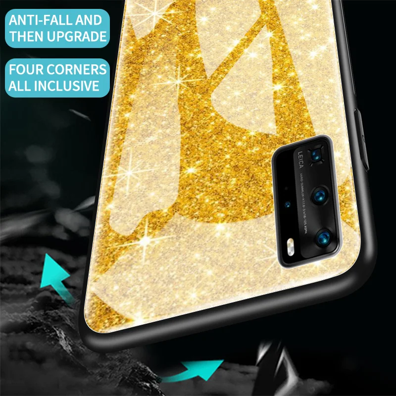 

Gold Pink Glitter Print Glass Case For Huawei P20 P40 Lite E P30 Pro P Smart 2019 Mate 10 20 X Stalinite Phone Cover Capas