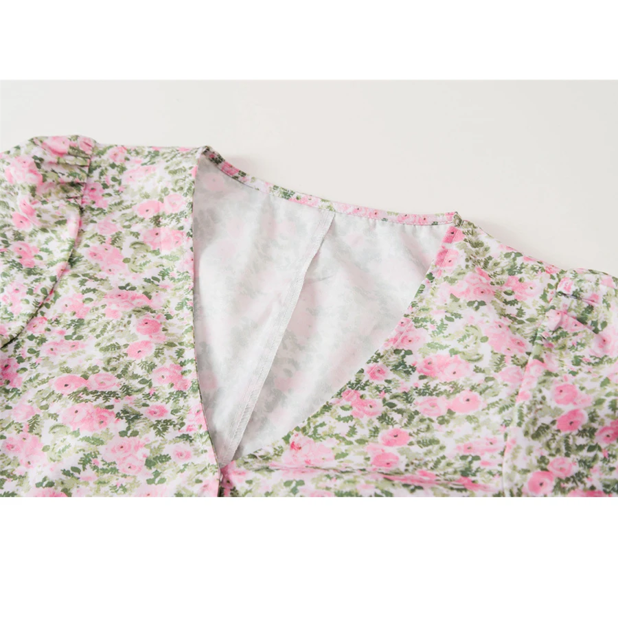

21 summer flower print over knees slim wrap up with belt short sleeve sweet French split women dress girl long A line dress