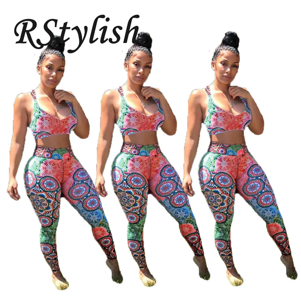 

RStylish 2021 Women Fashion Print U Neck Sleeveless Crop Top Skinny Leggings Pants 2Pieces Set High Street Lady Two Piece Outfit