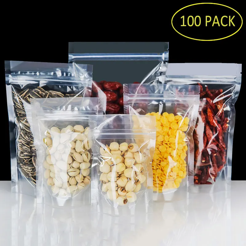 100 шт ПЭТ прозрачные пластиковые пакеты с замком-молнией Ziplock стоьте вверх еда Специи порошок упаковка мешок прозрачный