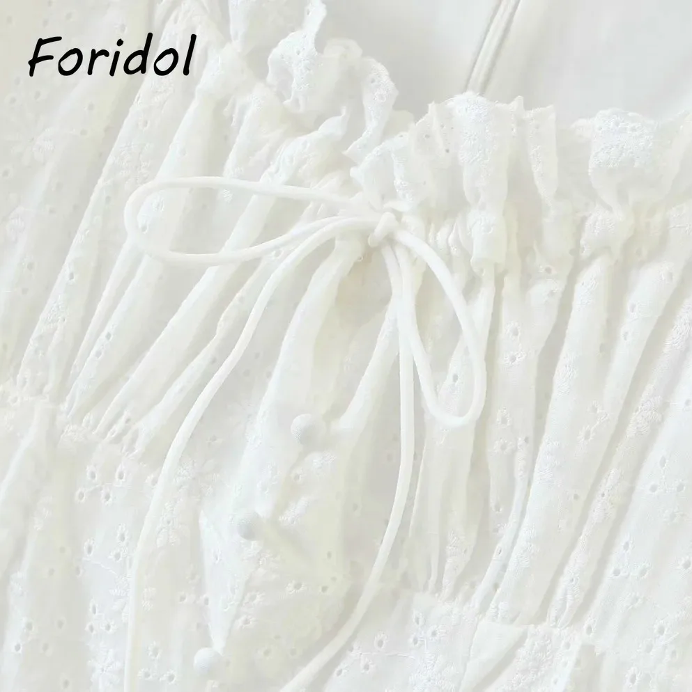 

Foridol White Lace Summer Dress Women Vintage Puff Sleeve Beach Bodycon Mini Dress Button Up Ruffle Short Cotton Dress 2021