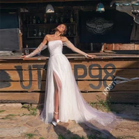 boho long sleeves tulle wedding dress for women sexy strapless ruched beaded applique side split zipper backless bridal gown