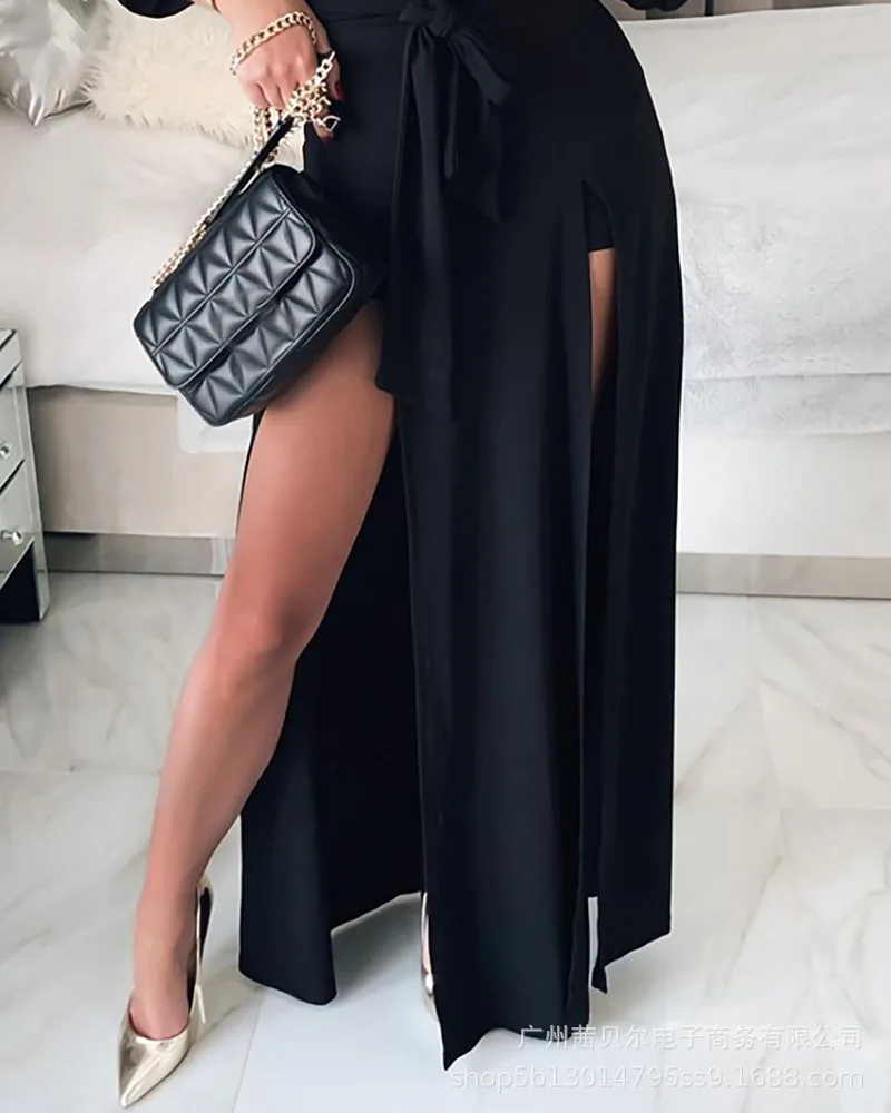 

WEPBEL Women Sexy Spring Dress Ladies Elegant Long Sleeve Off Shoulder Lace Up Belt High Split Long Dress