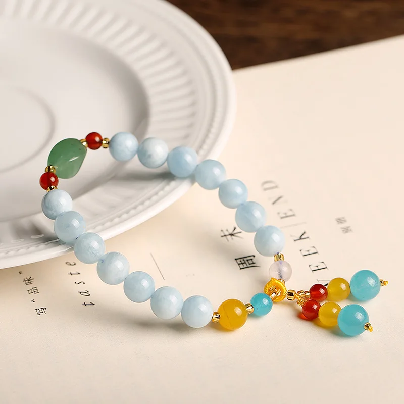 

OMHXZJ Wholesale CS91 European Fashion Hot Woman Man Party Birthday Gift Natural Genuine Aquamarine Beads Tassel Bracelet Bangle