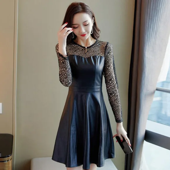 Демисезонное черное платье из искусственной кожи женские вечерние платья с