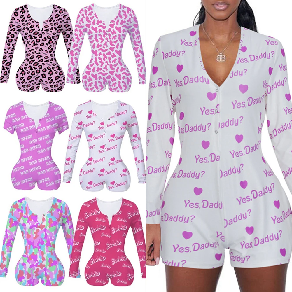 

Sexy Women Bodysuit Long Sleeve Sleepwear Jumpsuit Deep V Neck Bodycon Stretch Leotard Short Romper Pajamas Lingerie Overalls