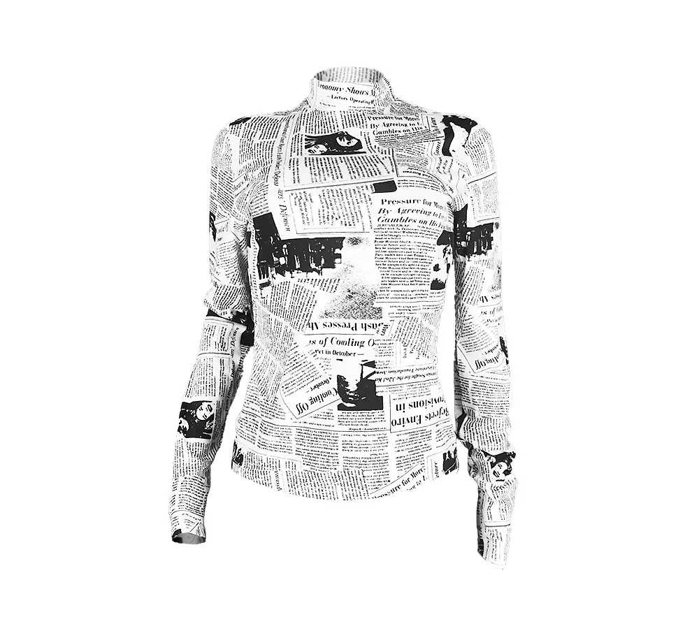 

Ursuper Women's Clothing Cross-Border Supply Newspaper Printing Half-High Collar Long Sleeves Sexy Base Shirt T-shirt
