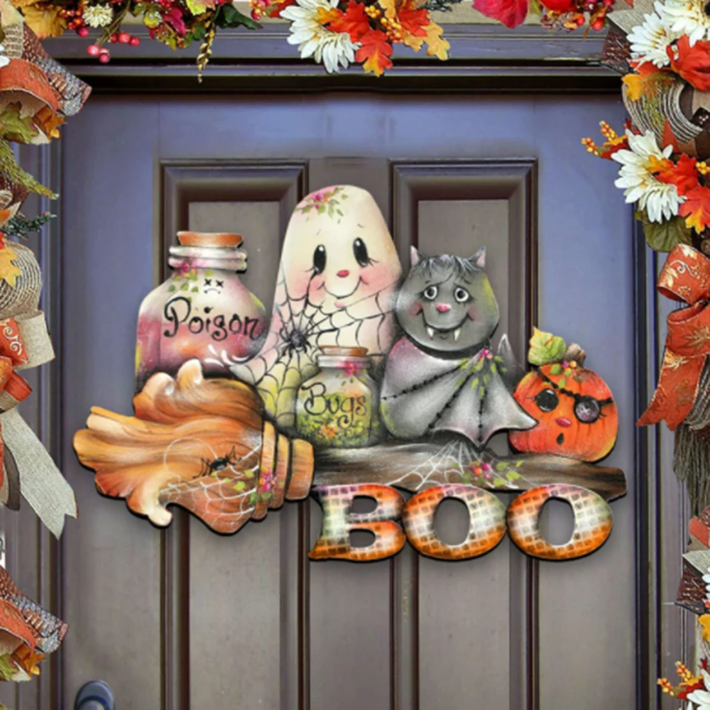 

Деревянная подвеска Boo, украшение для Хэллоуина, Деревянные Подвески с цифрами для дома на Хэллоуин, деревянные украшения