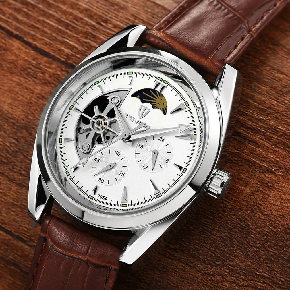 Мужские часы TEVISE с автоматическим кожаным ремешком и турбийоном роскошные