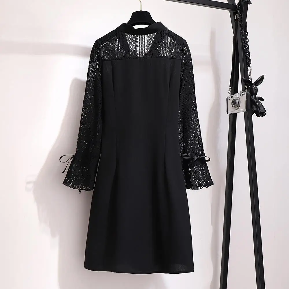 2XL-6XL женское кружевное платье большого размера осенние повседневные свободные офисные платья больших размеров Большие размеры 5XL Женские черные кружевные рабочие платья
