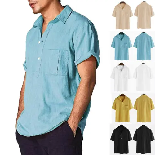 Рубашка Мужская льняная с коротким рукавом Повседневная Свободная сорочка в