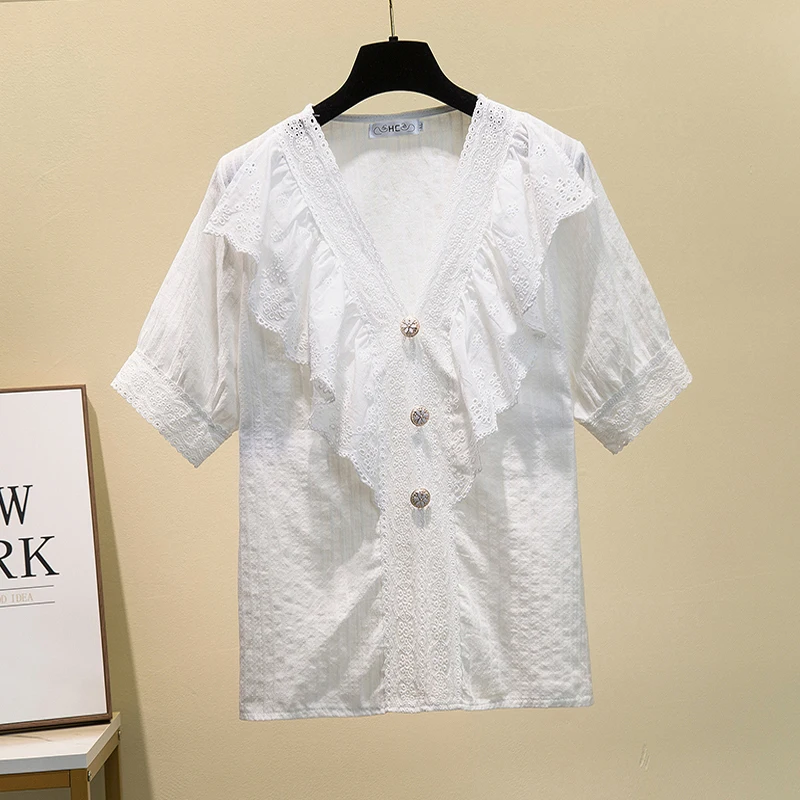 

Summer Women Chiffon Blouses 2021 Elegant Shirt Short Sleeves V-Neck Female Lace Patchwork Hollow Out Shirts Womens Casual Tops