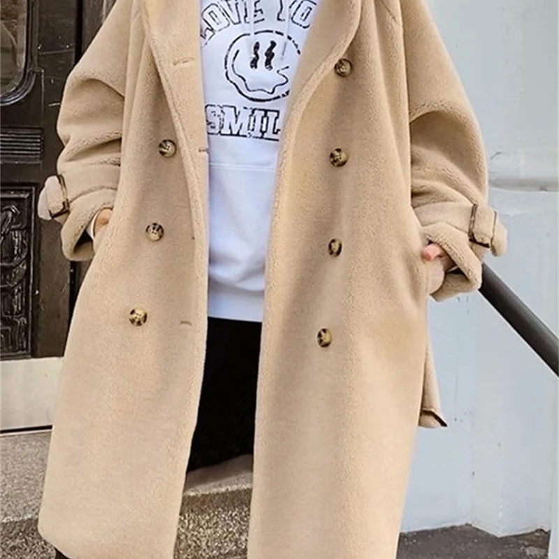 

YOSICIL Elegant solid double breasted hairy women fur coat V- belt long coat Office soft winter warm long jacket ladies 2021