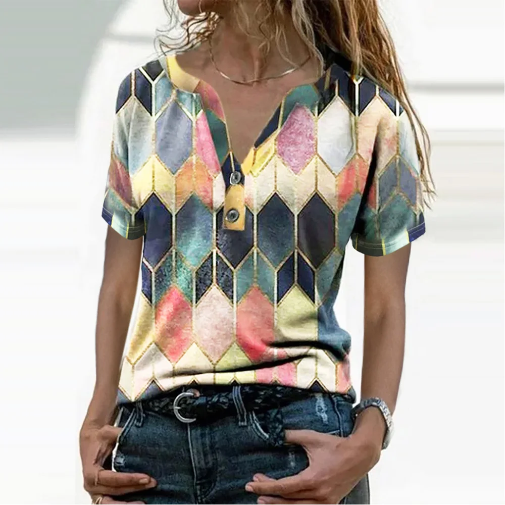 

Fashion V-neck For Women's 2021 Summer Patchwork Design Casual Short Sleeve Tops Button Plaid Print Commuter Pullover Slim Lady