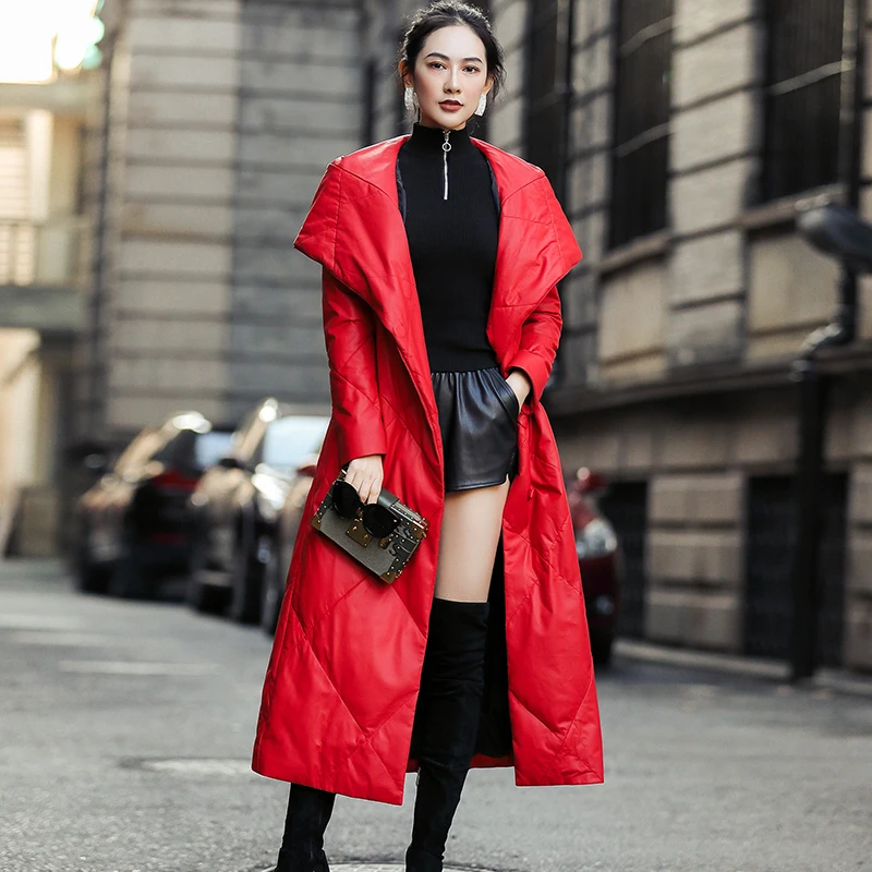 Женский длинный пуховик из натуральной овечьей кожи элегантная приталенная