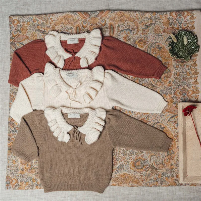 

EnkeliBB Brand Toddler Girl Winter Jumpers Lovely Knit Sweaters Peter Pant Collar Vintage Style Kids Long Sleeve Tops Winter