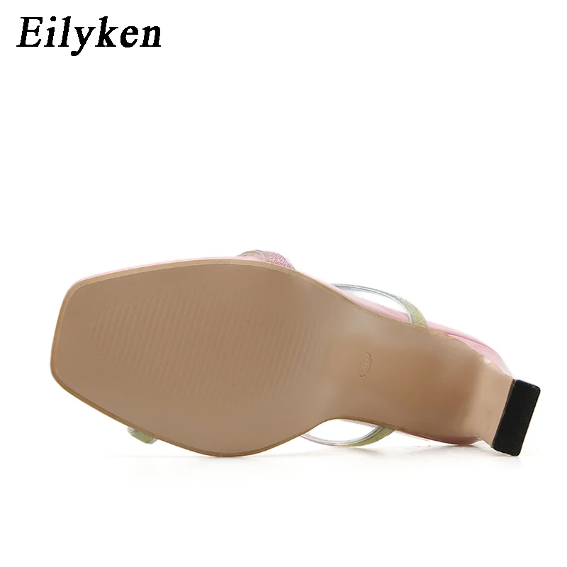 EilyKen/Новинка; модные женские шлепанцы с открытым носком, украшенные розовыми пайетками; пикантные босоножки на высоком квадратном каблуке для торжеств