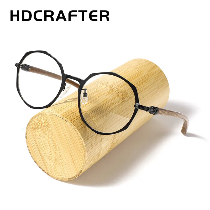 HDCRAFTER Round Wood Temple Metal Eyewear Prescription Eyeglasses Frame Women Myopia Optical Japanese Korean Glasses Frame Men