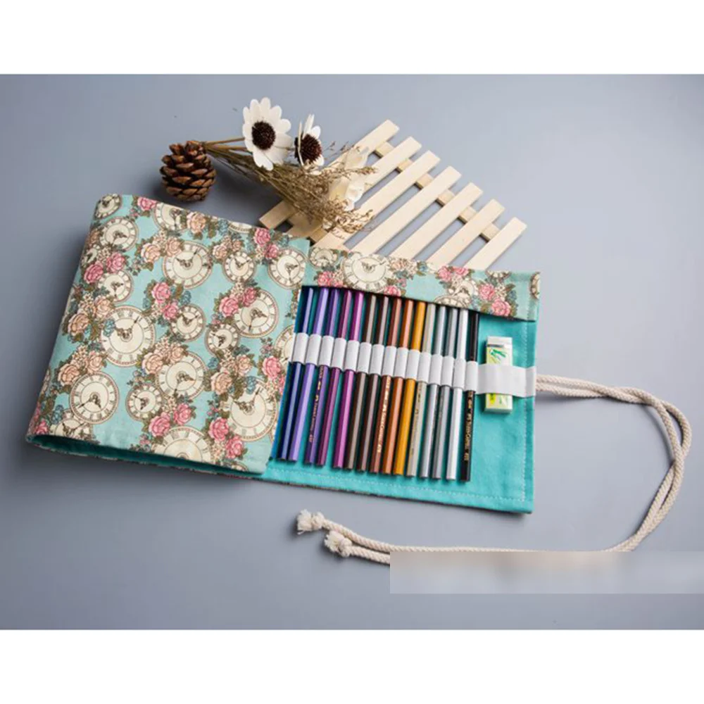

Clock Rose Pattern Canvas Portable Knitting Rolling Pencil Roll Wrap Holder Pouch Case Storage Organizer With 48 Slots