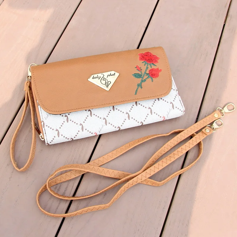 

Pu Leather Ladies One-Shoulder Casual Rose Embroidery Portable Wallet Messenger Bag Ladies Small Wallet Coin Purse