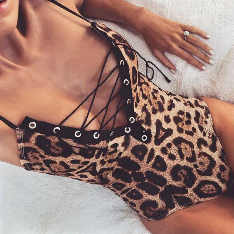 Женский сексуальный боди Леопардовый без рукавов бюстье Облегающий комбинезон