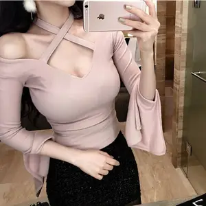 Хлопковая облегающая футболка с широким рукавом и V-образным вырезом, однотонная Милая футболка с лямкой на шее для девушек, женские топы высокого качества