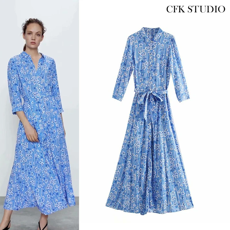 Женское шифоновое платье-трапеция Za элегантное свободное синее платье с длинным