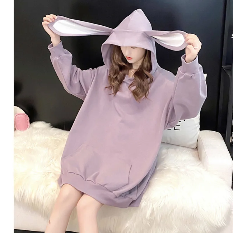 

Women Fashion Animal Hoodie Solid Pocket Long Sleeve Velvet Pullovers Tops 2021Kawaii Sweet Rabbit Ears Sweatshirts and Hoodies