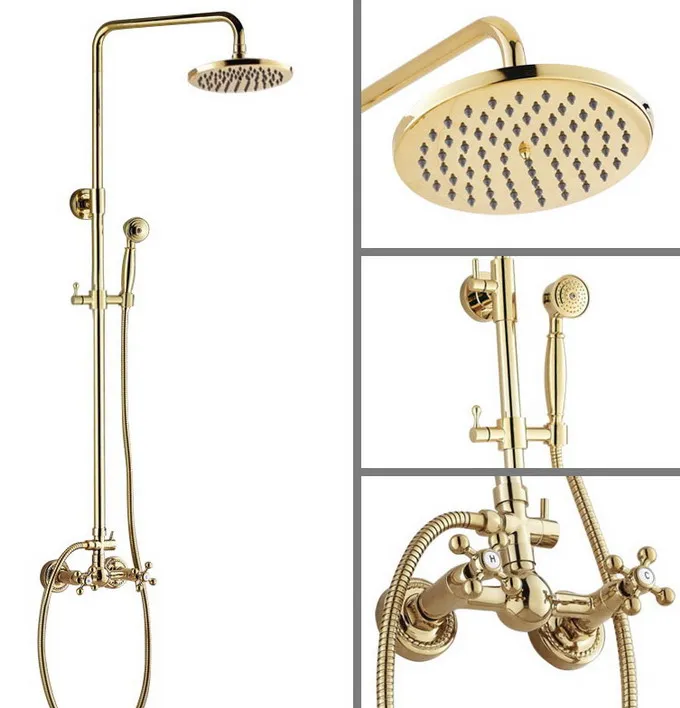 

Polished Golden Brass Wall Mounted Bathroom Rainfall Handheld Shower Faucet Set Double Handle Mixer Tap Dgf324