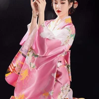 women printed japanese kimono satin cosplay costume japanese yukata female evening party clothing sexy v neck cardigan with obi