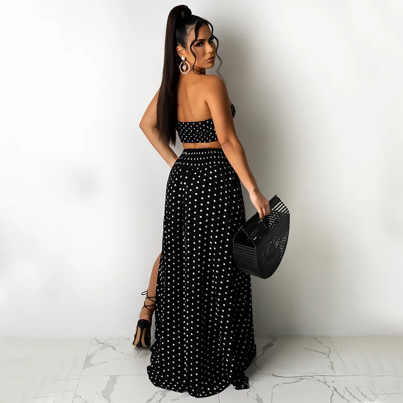 

Beyprern Polka Dot Bandeau Double Slit Skirt Two Piece Set Cover Up Dress Summer Off Shoulder Crop Top &High Slit Maxi Skirt Set
