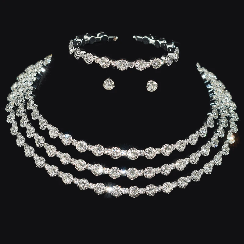 Jewelry Sets-Silver NEW Gold silver Metal Rhinestone Collar Necklaces for Women Round 3Row collar mujer collares Fashion Jewelry Choker Wholesale - Окраска металла: Jewelry Sets-Silver