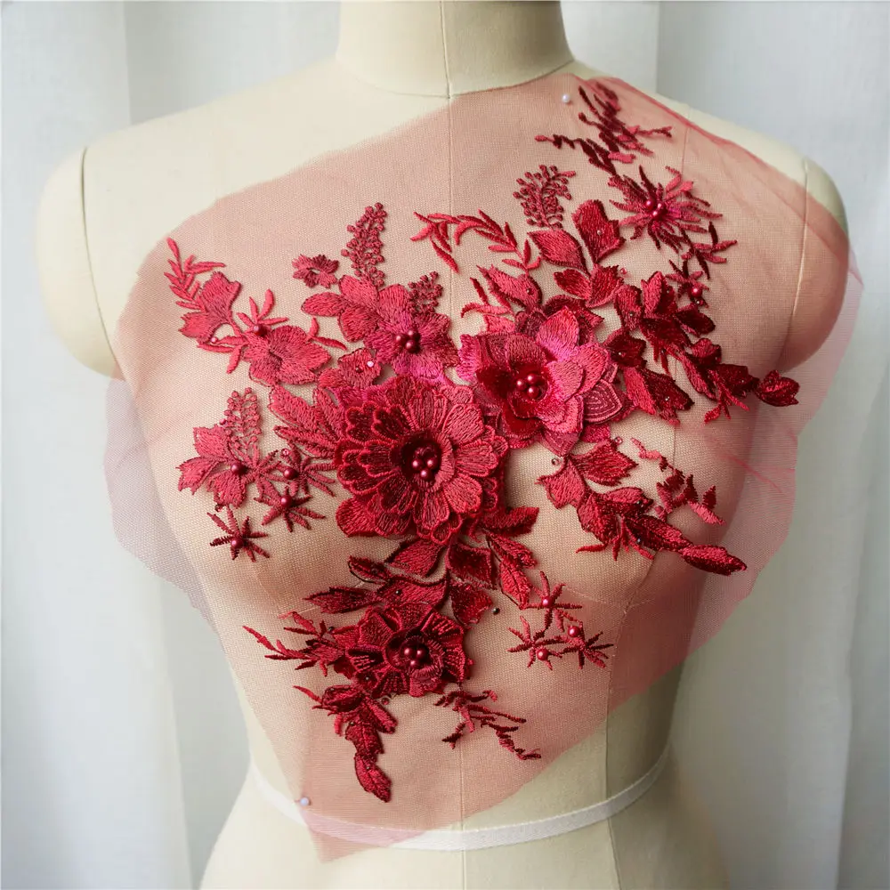 Фиолетовый красный синий кружевной ткани 3D цветок бисер стразы вышитое