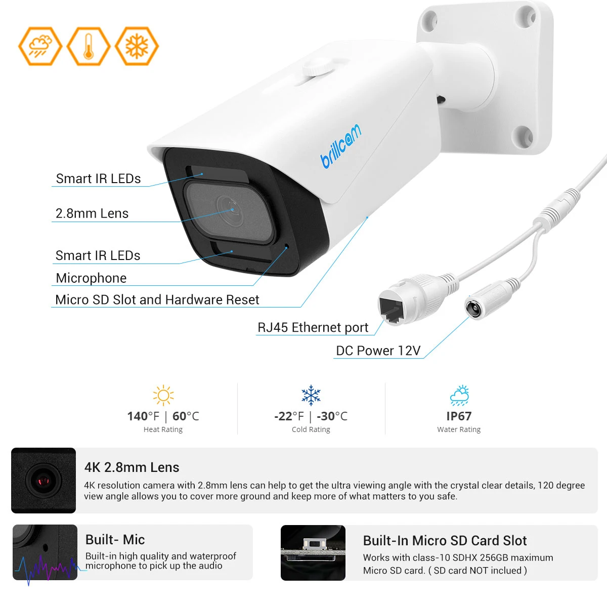 IP-камера Brillcam 4K POE IP67 слот для SD-карты встроенный микрофон ИК цилиндрическая