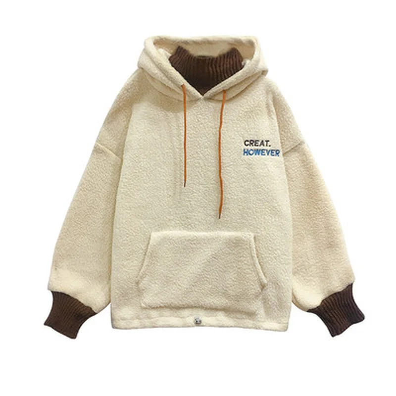 

2021 Autumn And Winter New Women's Loose Hooded Lamb Wool Fake Two-Piece Thick Warm Hooded Sweater Pure Blue Pullover Women
