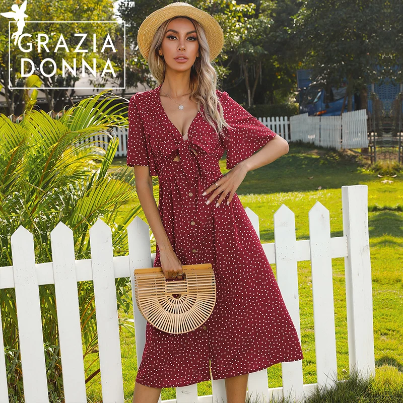 

GRAZIA DONNA Summer Dress Bow Design Sexy Dress Short Sleeve V-neck A-line Button Up Hollow Out Midi Red Dress for New Year 2022