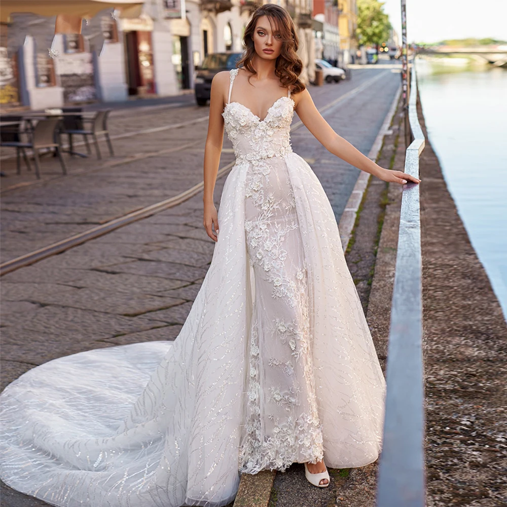 

Sweetheart Mermaid Wedding Dresses Detachable Long Train Glitter Applique Lace Sleeveless Bride Gowns 2021 Vestido De Noiva