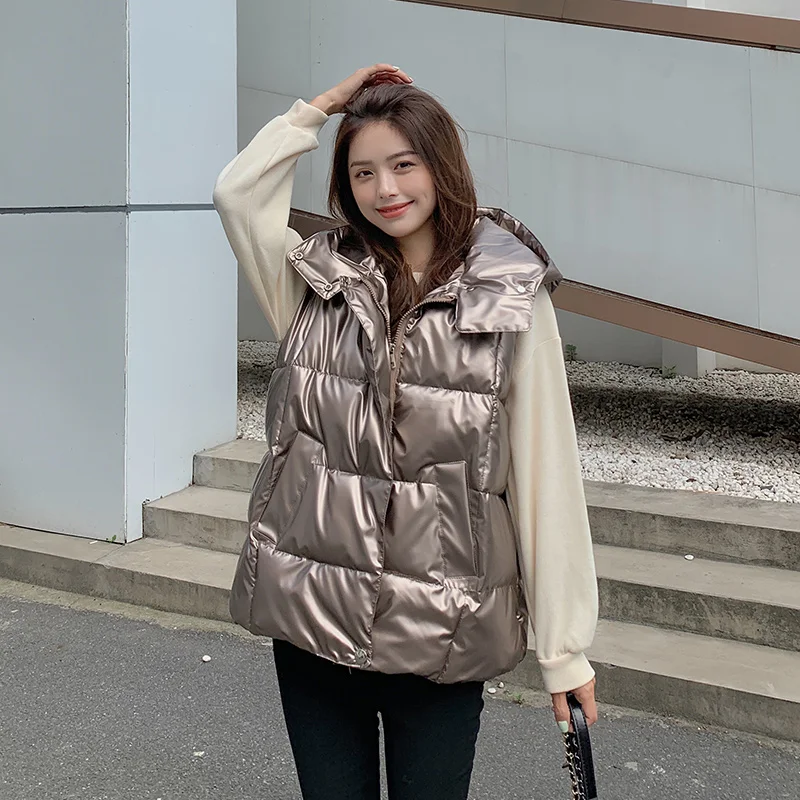 

NEEW Autumn Winter Women Waistcoat Vest 2021 2022 Casual Solid sleeveless shiny fabric Thick Warm padded Vest Coat Casual