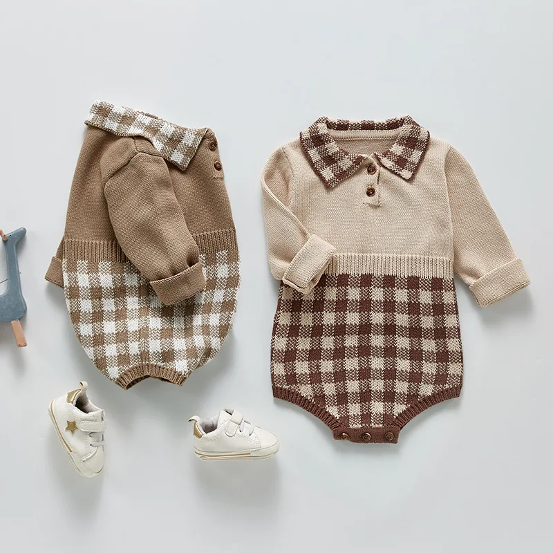 Spring New Baby Long Sleeve Knit Bodysuit Fashion Plaid Print Infant Boy Gentleman Jumpsuit Newborn Girl Party Clothes 6M-3T