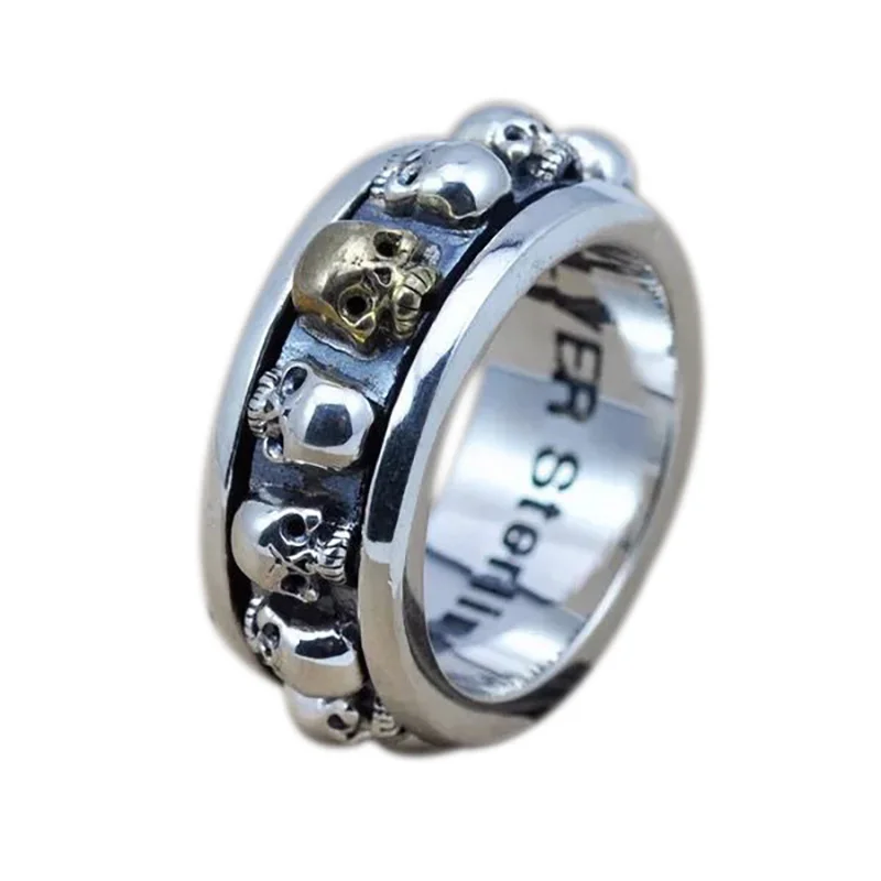 

S925 Sterling Silver Rotating Spinner Skull Mens Rings Retro Punk Rock Style Aneis Vintage Fine Jewelry