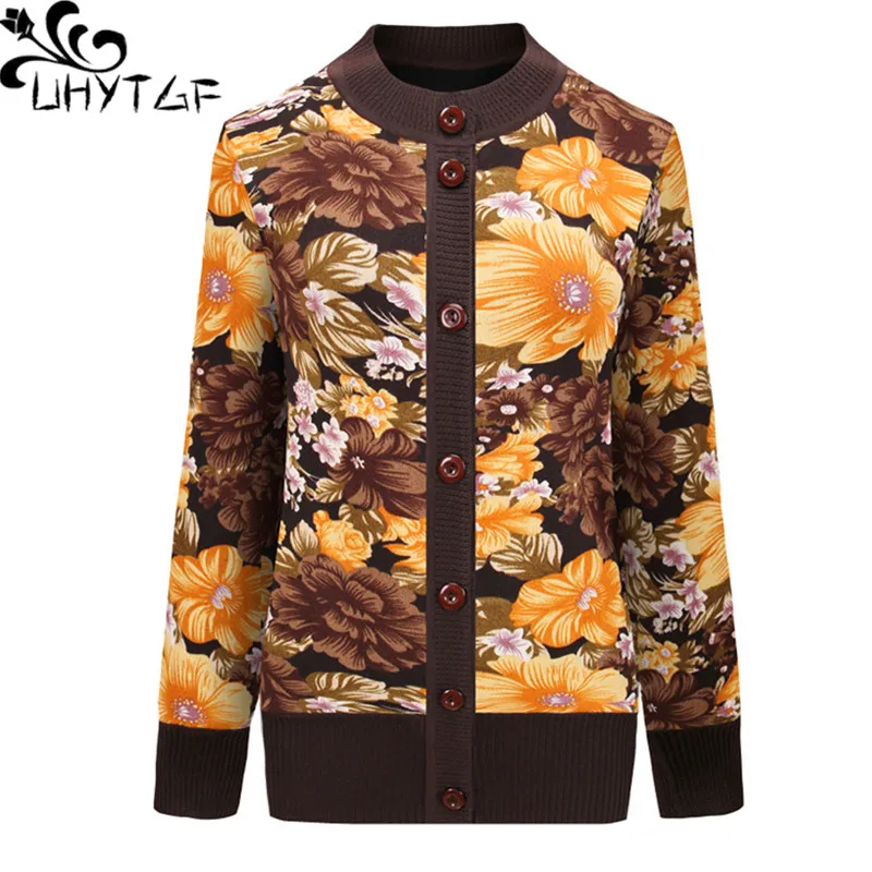 

Женский свитер UHYTGF, вязаный кардиган, женский осенне-зимний свитер, куртка, модный элегантный женский свитер с цветочным рисунком, размеры ...