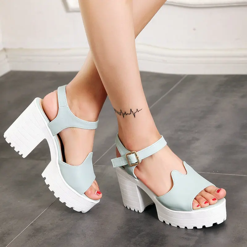 

Blue White Sandals Woman Extreme High Heels 2021 New Summer Ankle Strap Soft Leather Ladies Summer Shoes Platform Buckle