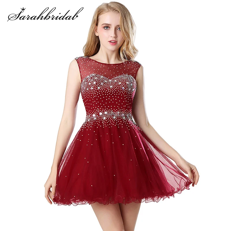 Сладкий бордовый короткие выпускные платья прозрачная ткань на шее открытая