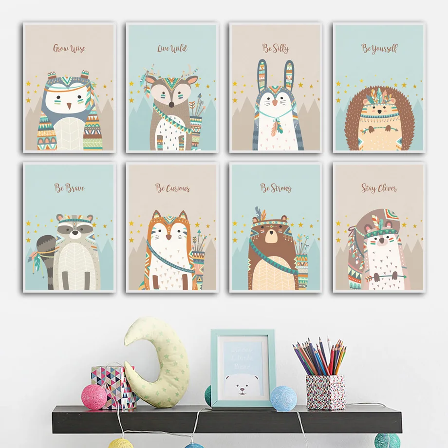 Настенный художественный принт холст живопись олень енот лиса медведь Сова